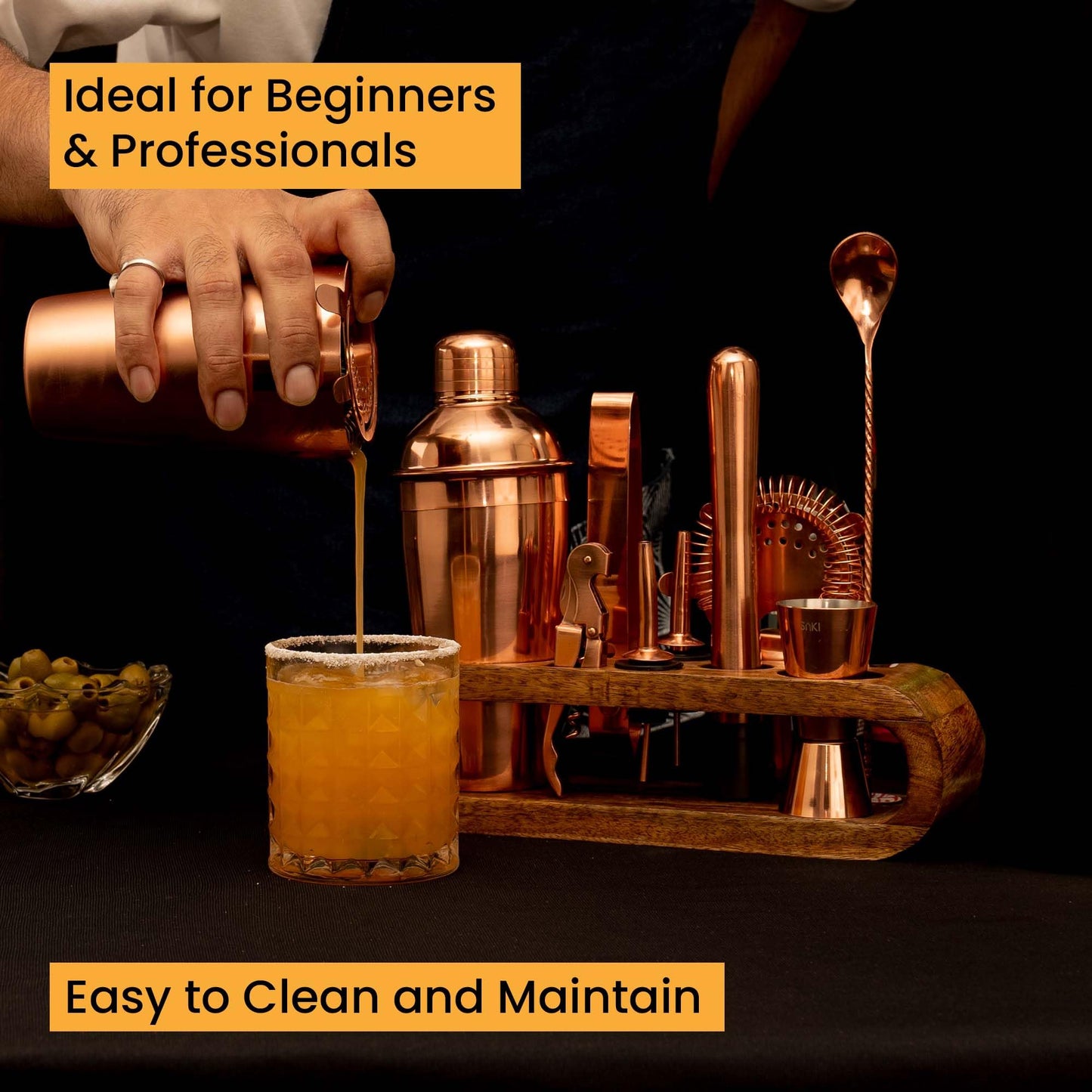 SAKI | 10-Piece Bar Tool Set With Wooden Stand (Copper)
