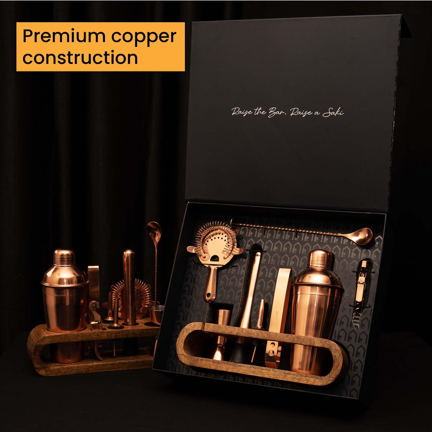 SAKI | 10-Piece Bar Tool Set With Wooden Stand (Copper)