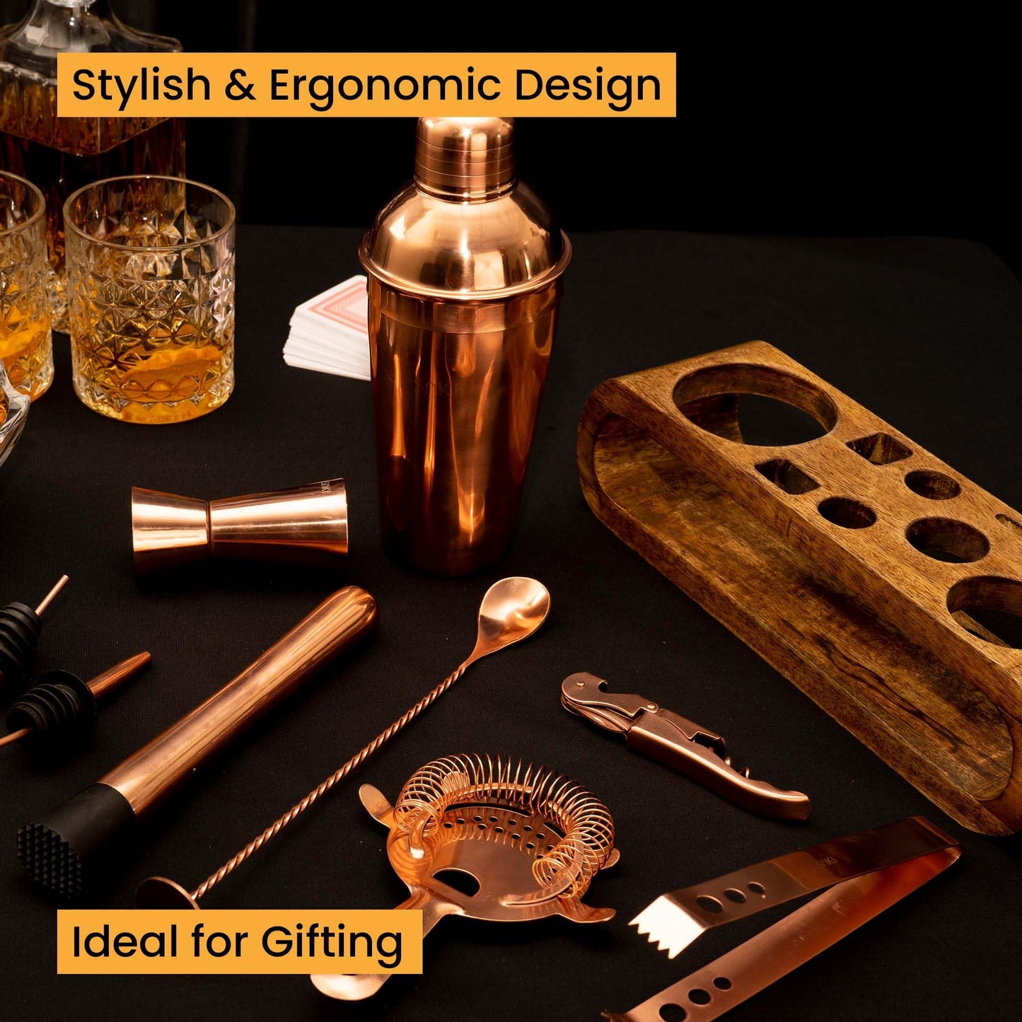 SAKI | 10-Piece Bar Tool Set With Wooden Stand (Copper)