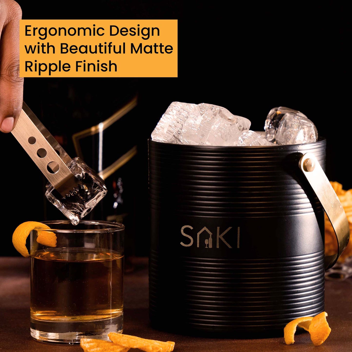 SAKI | Matte Ripple Stainless Steel Ice Bucket with Tong - 1500 ml (Black and Gold Pvd)
