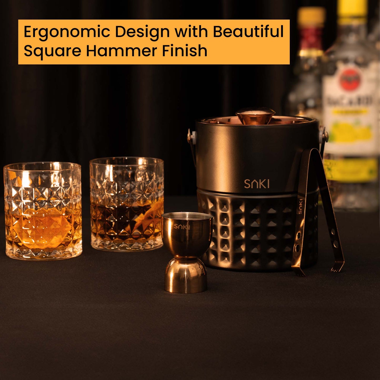 SAKI | Square Hammer Ice Bucket and Whiskey Glass Set
