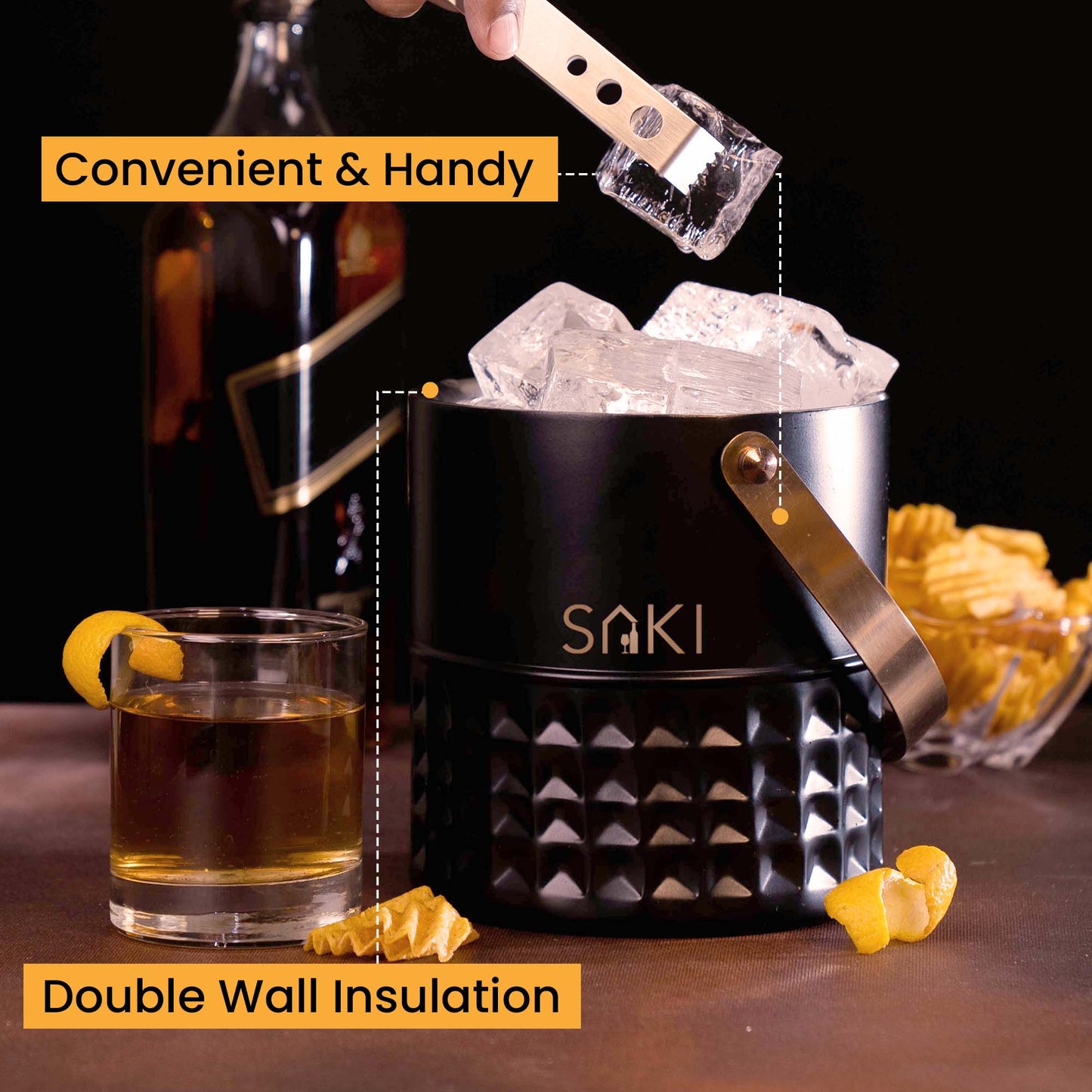SAKI | Square Hammer ice bucket with Tong (Black and Copper) 1500 ml