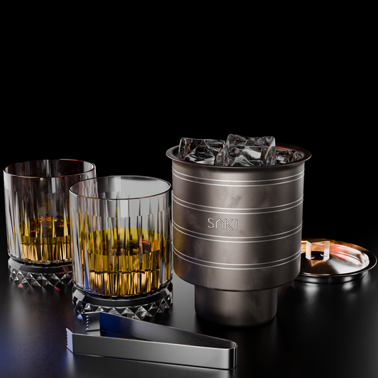 Saki Car-o-Bar Combo: Trendy Whiskey Glasses (2) & Ring Ice Bucket