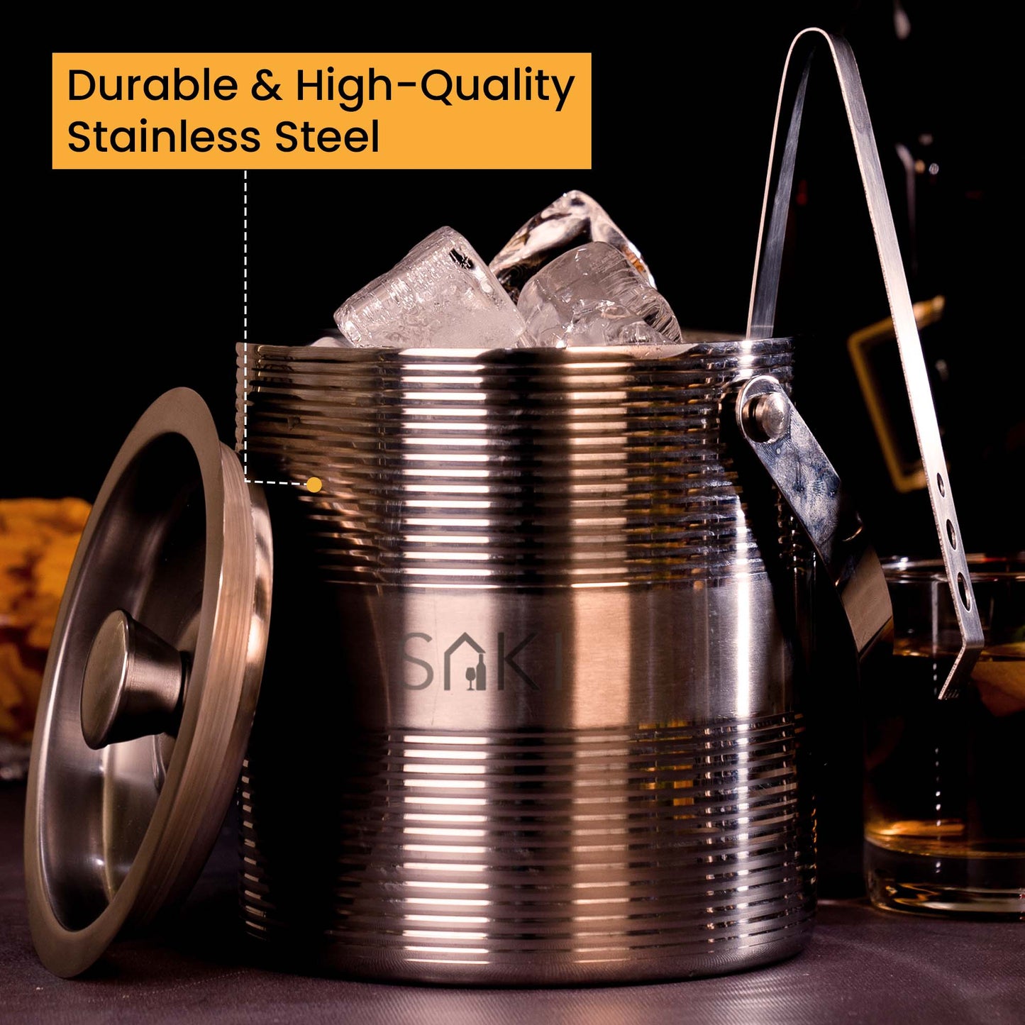 Metallic Ripple Stainless Steel Ice Bucket with Tongs - 1500 ml